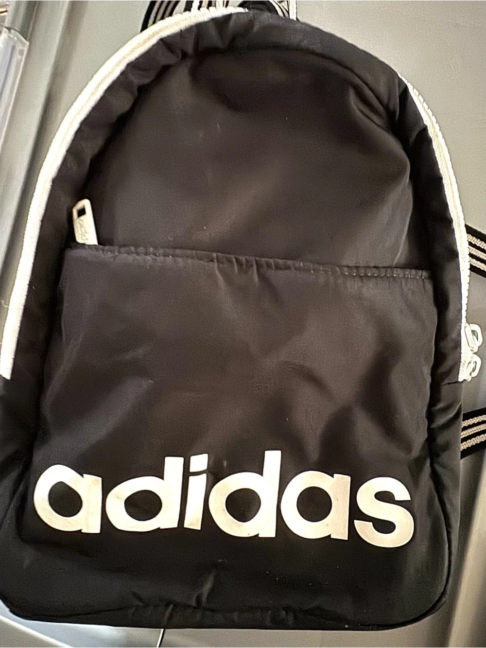 adidas Mini Black Backpack with White Logo and Striped Straps - Picture 7 of 10